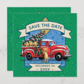 レッドヴィンテージトラックドッグファミリークリスマスパーティー 招待状 (正面/裏面)