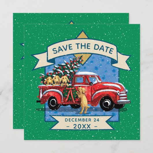レッドヴィンテージトラックドッグファミリークリスマスパーティー 招待状 (正面/裏面)