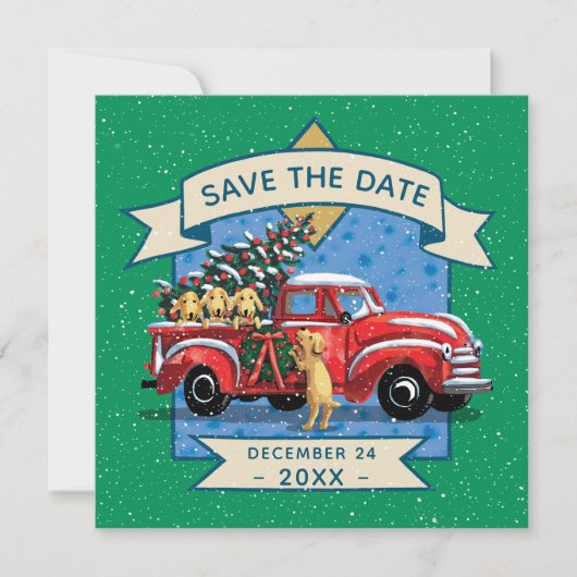 レッドヴィンテージトラックドッグファミリークリスマスパーティー 招待状 (正面)