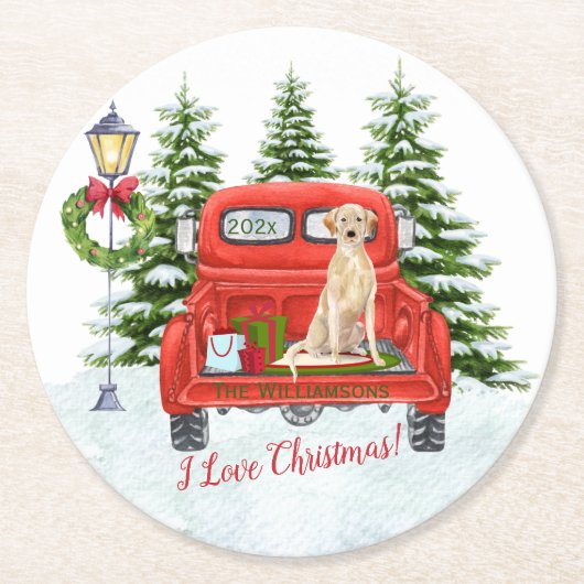 レッドヴィンテージトラックラボレトリエバースノウンスノーのファミリー名 ラウンドペーパーコースター (正面)