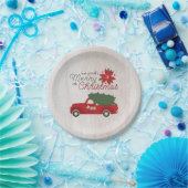 レッドヴィンテージトラック&クリスマスツリー ペーパープレート (パーティー)