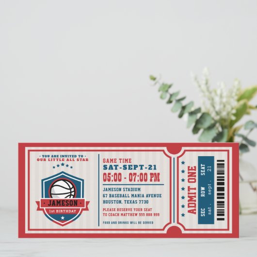 レッドヴィンテージバスケットボールチケットバースデーパーティー 招待状 (スタンド正面)