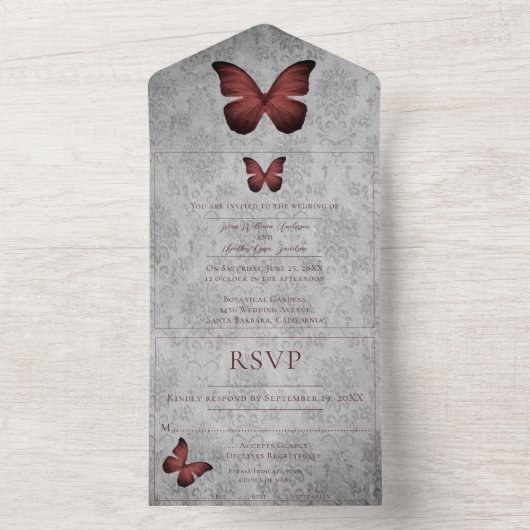 レッドヴィンテージバタフライダマスクウェディング オールインワン招待状 (内側)