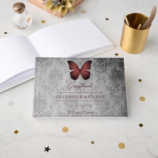 レッドヴィンテージバタフライダマスクウェディング ゲストブック (正面見開き)