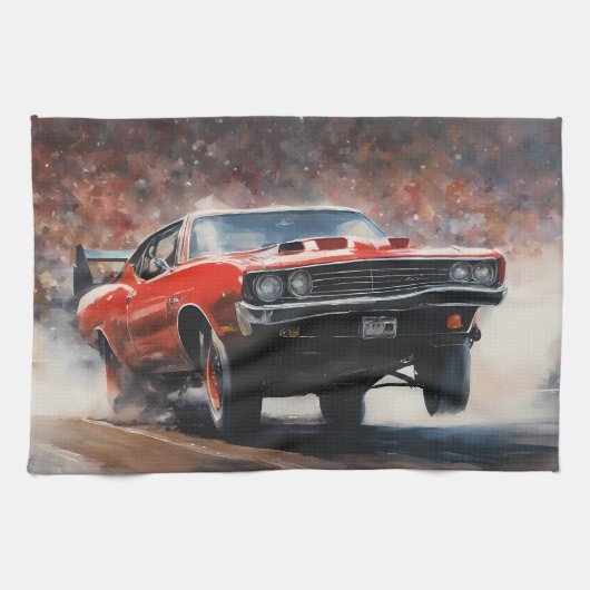 レッドヴィンテージマッスルカー キッチンタオル (横)