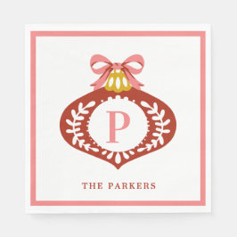 レッドヴィンテージモノグラムクリスマスオーナメントナプキンス スタンダードランチョンナプキン