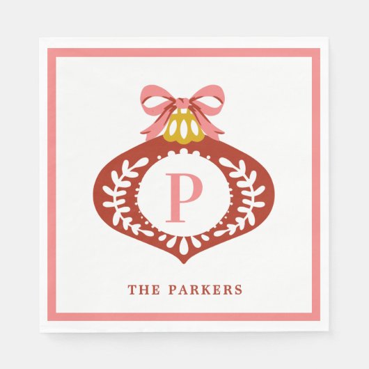 レッドヴィンテージモノグラムクリスマスオーナメントナプキンス スタンダードランチョンナプキン (正面)