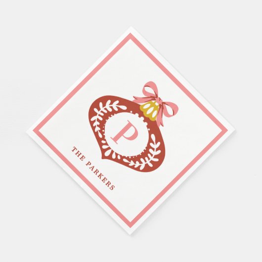 レッドヴィンテージモノグラムクリスマスオーナメントナプキンス スタンダードランチョンナプキン (角)