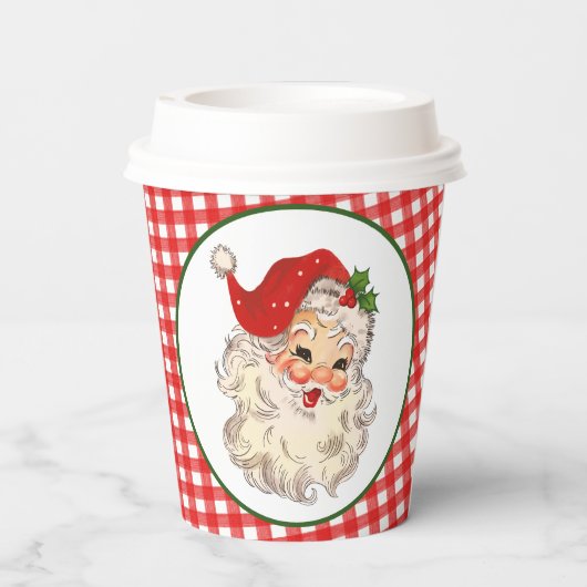 レッドヴィンテージレトロサンタとピンクプレイド紙カップ 紙コップ (裏面)