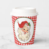 レッドヴィンテージレトロサンタとピンクプレイド紙カップ 紙コップ (正面)