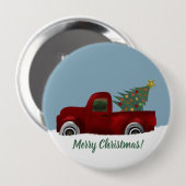 レッドヴィンテージレトロトラックとクリスマスツリー 缶バッジ (正面&裏面)
