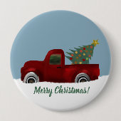 レッドヴィンテージレトロトラックとクリスマスツリー 缶バッジ (正面)