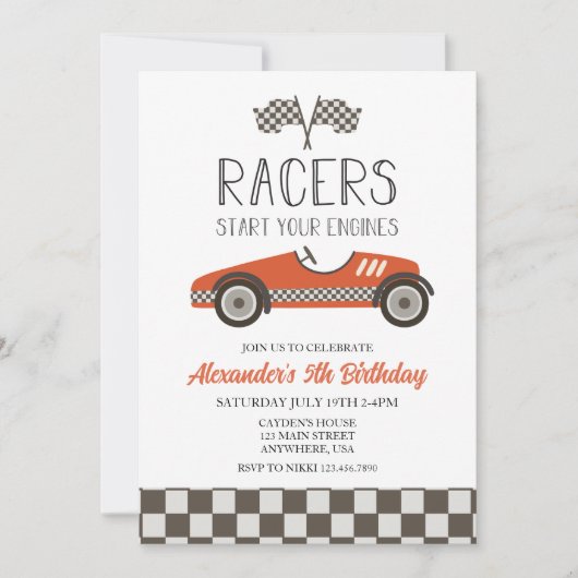 レッドヴィンテージレースカー誕生日招待状 招待状 (正面)