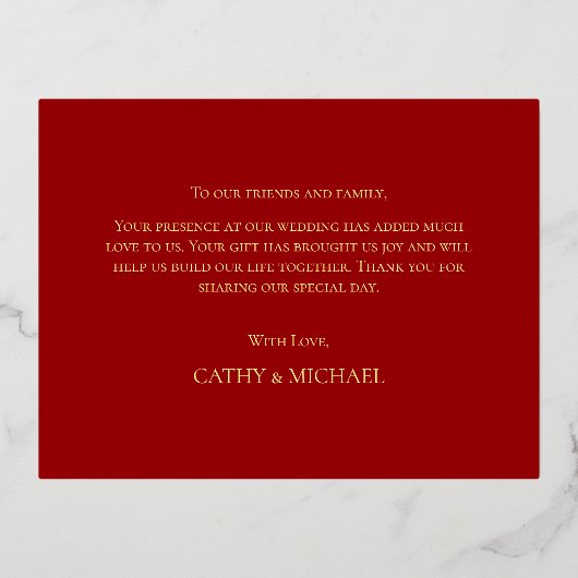 レッド中国のの結婚フローラリースサンキューカード 箔招待状ポストカード (裏面)