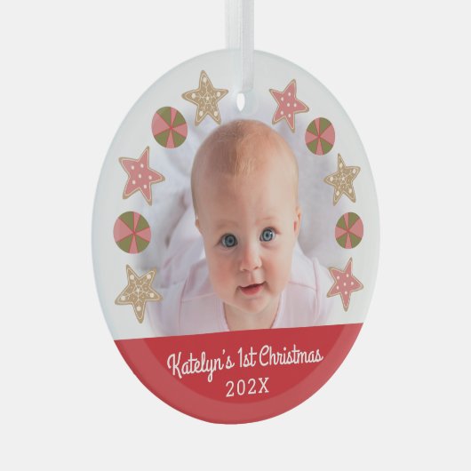 レッド初めてのクリスマスベビーフォトガールクッキーリース ガラスオーナメント (正面右)