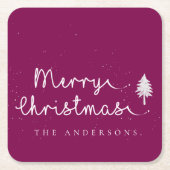 レッド名前をカスタムするミニマリストメリークリスマスパーティー スクエアペーパーコースター (正面)