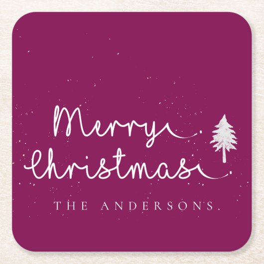レッド名前をカスタムするミニマリストメリークリスマスパーティー スクエアペーパーコースター (正面)