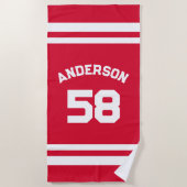レッド名前をカスタムする&ナンバースポーツファン ビーチタオル (正面)