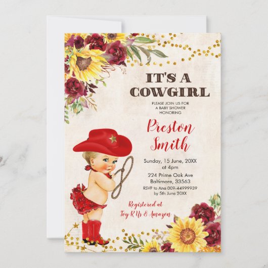 レッド女性のカーボーイブロンドバラとヒマワリ赤ちゃんシャワー 招待状 (正面)