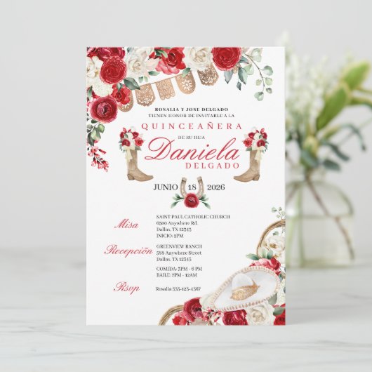 レッド女性のカーボーイブーツ&ロープマリアチキンセアニラ 招待状 (スタンド正面)