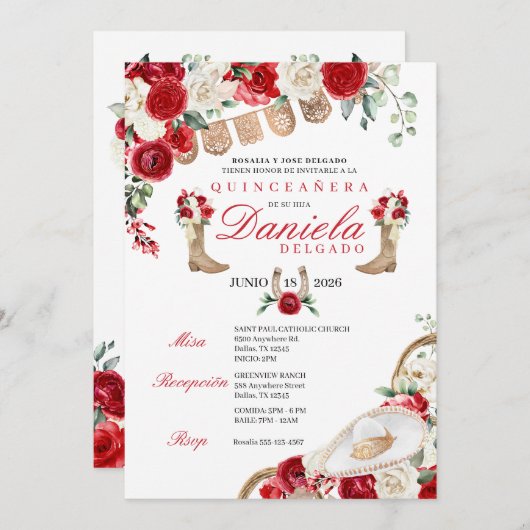 レッド女性のカーボーイブーツ&ロープマリアチキンセアニラ 招待状 (正面/裏面)