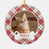 レッド市松模様にクリスマスタータンチェックカスタム猫 セラミックオーナメント (正面)