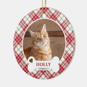 レッド市松模様にクリスマスタータンチェックカスタム猫 セラミックオーナメント (左)