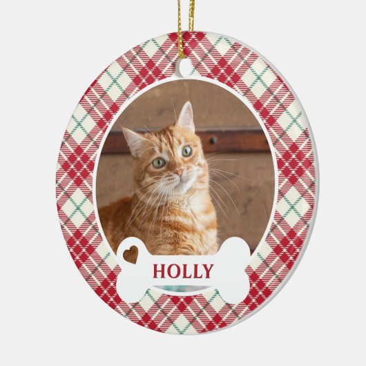 レッド市松模様にクリスマスタータンチェックカスタム猫 セラミックオーナメント (左)