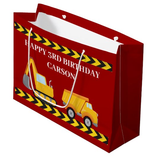 レッド建築トラックボーイズカスタム子供の誕生日 ラージペーパーバッグ (正面アングル)
