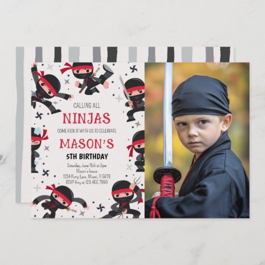 レッド忍者ウォリアー武術アーツ誕生日写真 招待状 (正面/裏面)