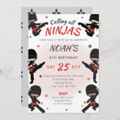 レッド忍者誕生日招待状来 – キックパーティー 招待状 (正面/裏面)