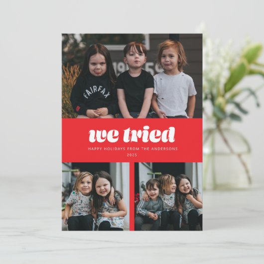 レッド我々は複数の写真おもしろいクリスマスを試みた シーズンカード (スタンド正面)