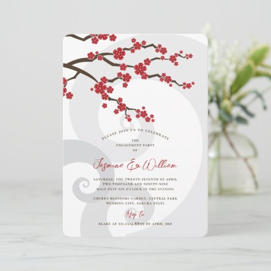 レッド桜さくらんぼフラムズスワーズシック婚約 招待状 (スタンド正面)