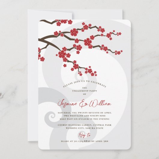 レッド桜さくらんぼフラムズスワーズシック婚約 招待状 (正面)