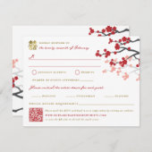 レッド桜と金ゴールドダブルハピネス中国のズ結婚 出欠カード (正面/裏面)