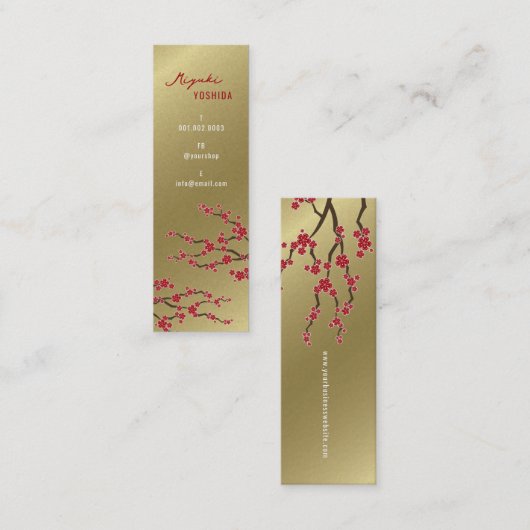 レッド桜オリエンタルさくらんぼ花スタイリッシュ金ゴールド スキニー名刺 (正面/裏面)