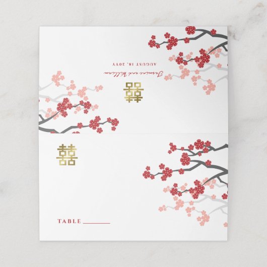 レッド桜ゴールデンダブル中国のハピネス結婚ズ プレイスカード (外部開封)