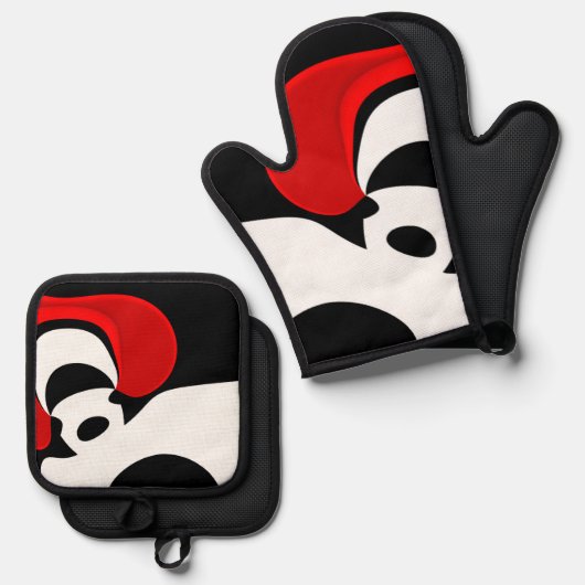 レッド氏へ：抽象芸術ブラック、ホワイト、レッド 鍋つかみ&鍋敷きセット (正面/裏面)