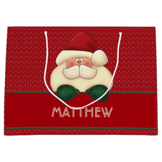 レッド水玉模様とサンタwith名前をカスタムする ラージペーパーバッグ (正面)