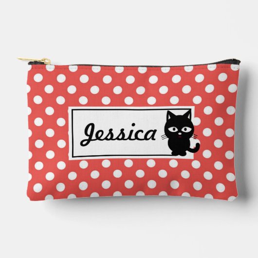 レッド水玉模様とブラックキャットパーソナライズされた アクセサリーポーチ (正面)