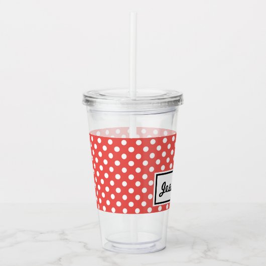 レッド水玉模様とブラックキャットパーソナライズされた アクリルタンブラー (正面)