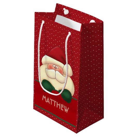 レッド水玉模様サンタグリーンミッテンスと名前 スモールペーパーバッグ (正面アングル)