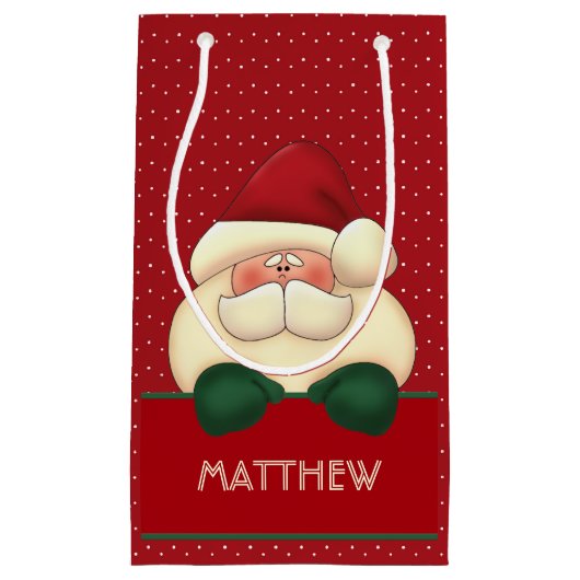 レッド水玉模様サンタグリーンミッテンスと名前 スモールペーパーバッグ (正面)