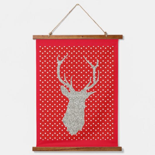レッド水玉模様シルバーグリッターディアホリデイ 吊り下げ型タペストリー (正面)