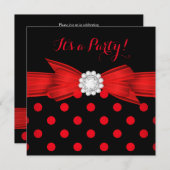レッド水玉模様ダイヤモンドボウブラックパーティー 招待状 (正面/裏面)