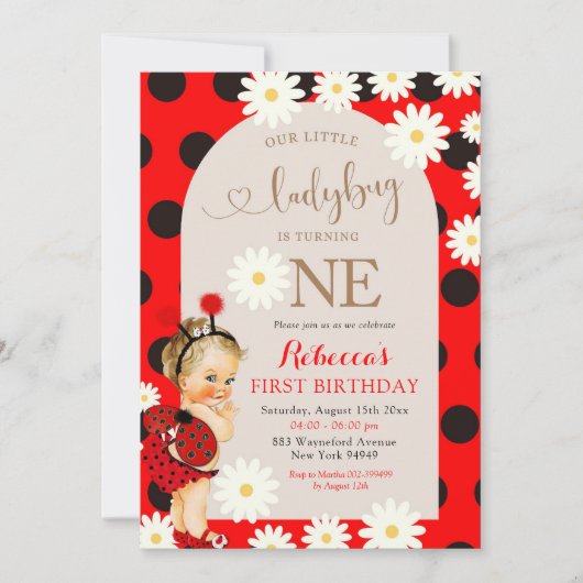 レッド水玉模様ラディバグデイジーブロンデファースト誕生日 招待状 (正面)