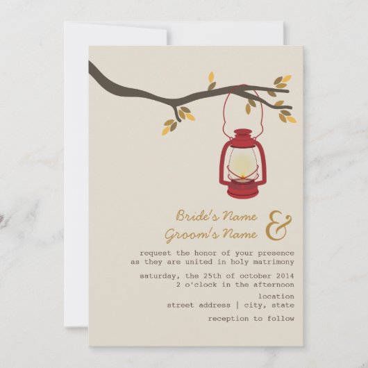 レッド油ランタンウィルダネス/キャンプ秋の結婚式 招待状 (正面)