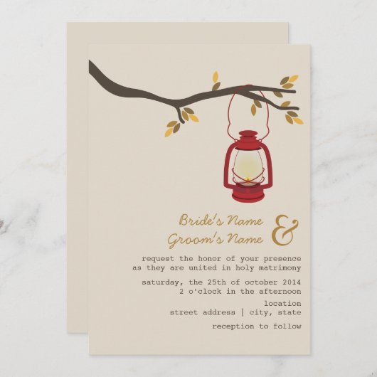 レッド油ランタンウィルダネス/キャンプ秋の結婚式 招待状 (正面/裏面)