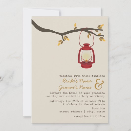 レッド油ランタンワイルドネス/キャンピング秋の結婚式 招待状 (正面)