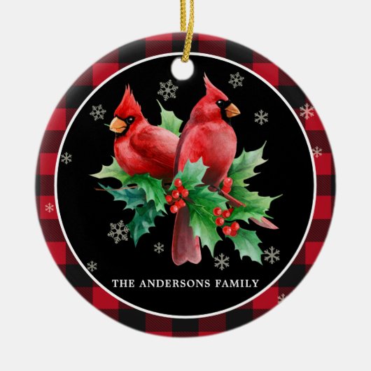 レッド深紅色ホリーベリークリスマスパーソナライズされた セラミックオーナメント (正面)